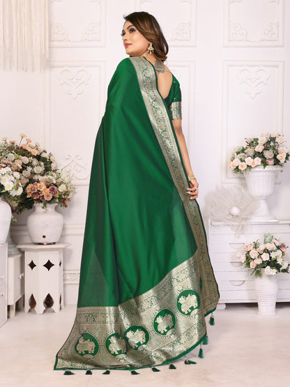 Dark Green Banarasi Silk With Beautiful Gala Weaving Saree With Blouse