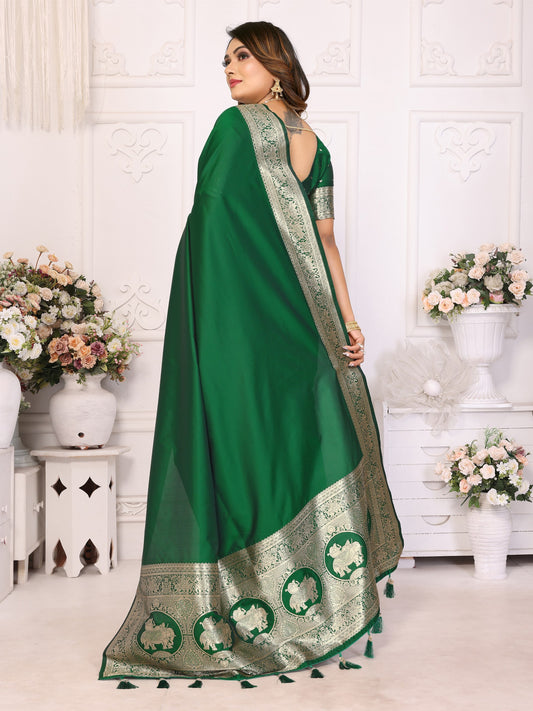 Dark Green Banarasi Silk With Beautiful Gala Weaving Saree With Blouse
