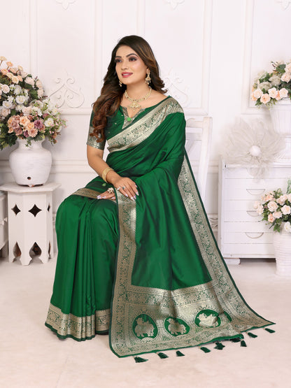 Dark Green Banarasi Silk With Beautiful Gala Weaving Saree With Blouse