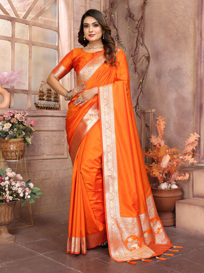 Dark Orange Banarasi Silk With Beautiful Gala Weaving Saree With Blouse