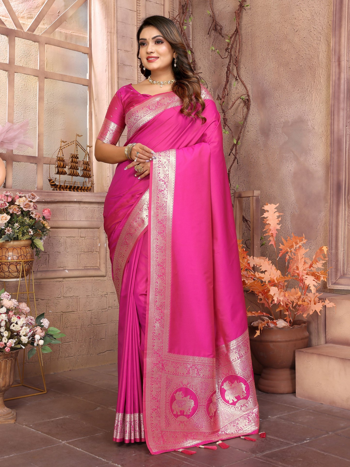 Dark Pink Banarasi Silk With Beautiful Gala Weaving Saree With Blouse
