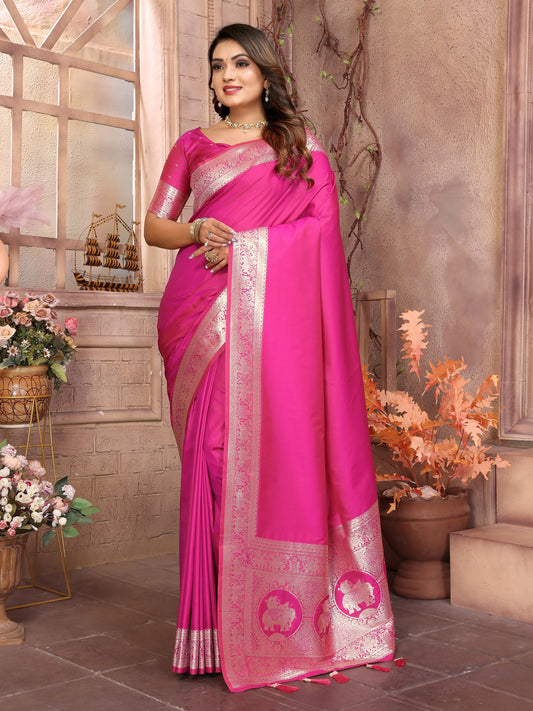 Dark Pink Banarasi Silk With Beautiful Gala Weaving Saree With Blouse