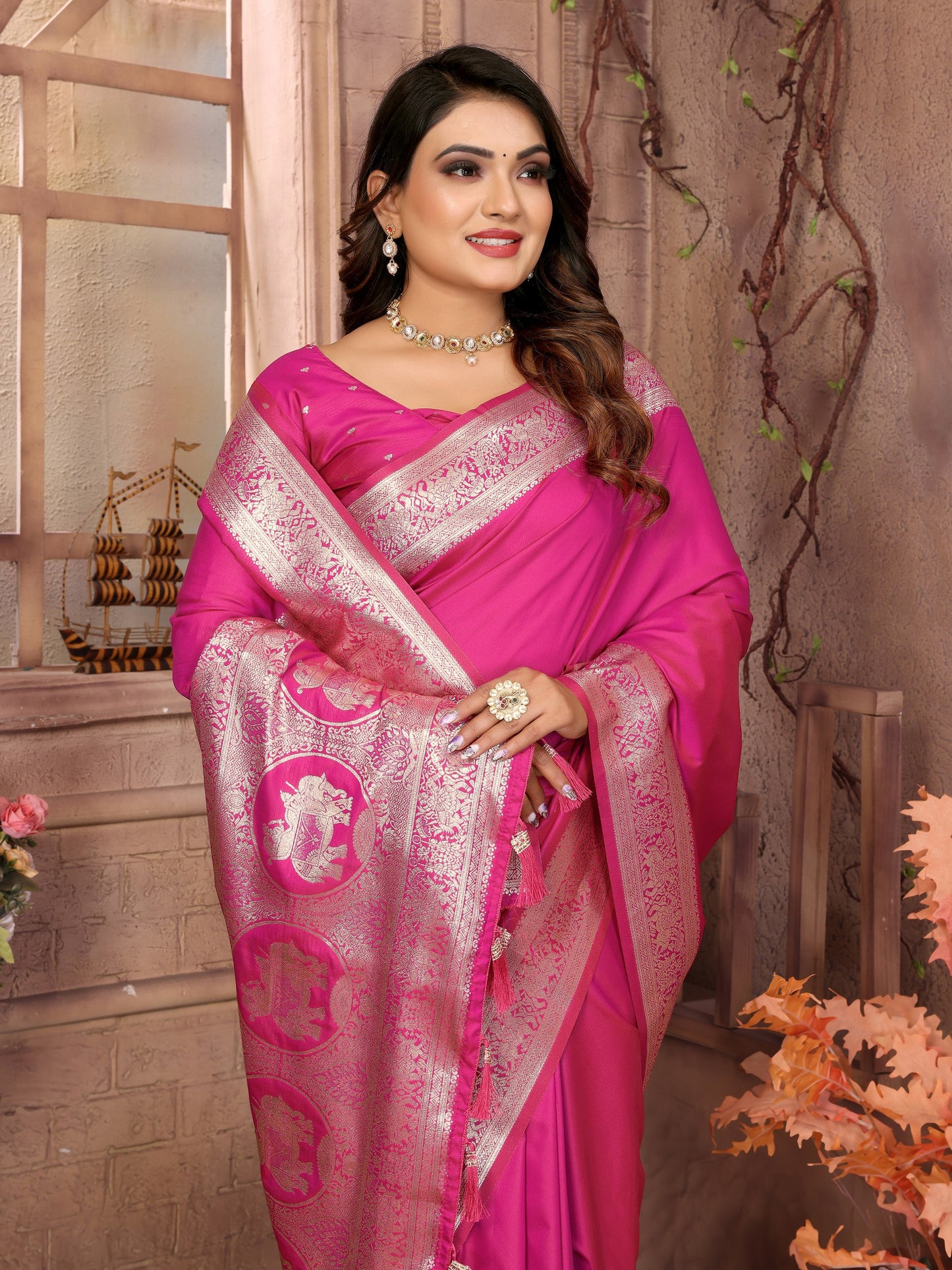 Dark Pink Banarasi Silk With Beautiful Gala Weaving Saree With Blouse