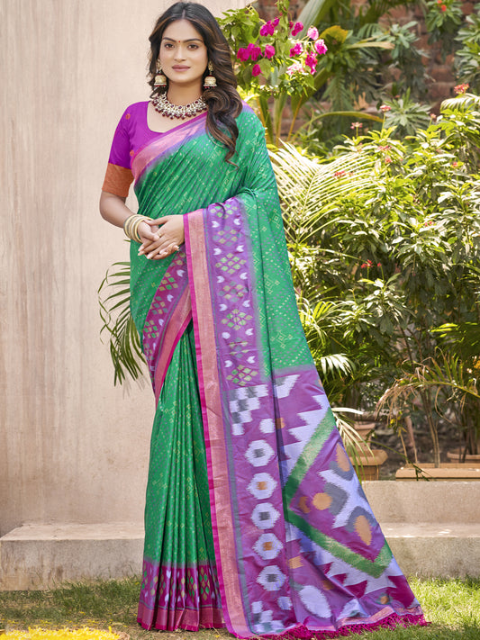 D Green Pochampalli Silk Saree with Floral Printed Work with Blouse