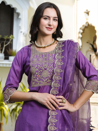 Purple Color Designer Embroidered Silk Blend Ethnic Festive Special Suit