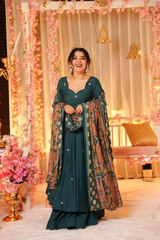 Women's Beautiful Chanderi Fabric Embroidery Work Flared Anarkali Sharara and Dupatta Set