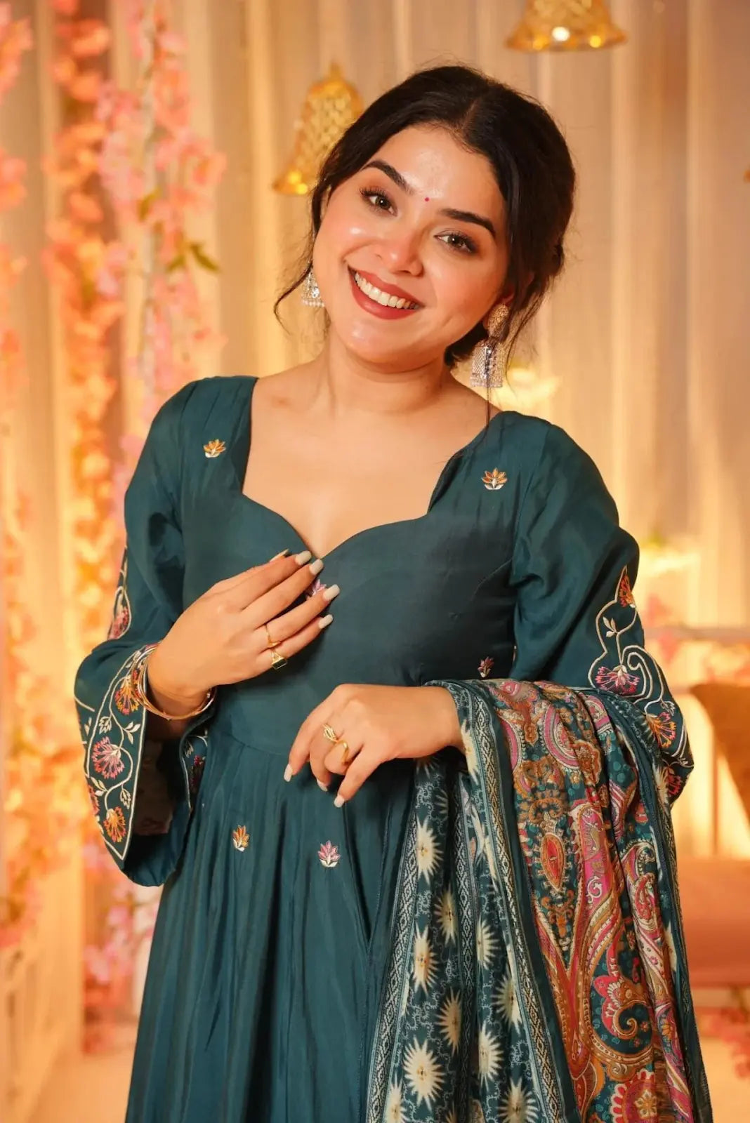Women's Beautiful Chanderi Fabric Embroidery Work Flared Anarkali Sharara and Dupatta Set