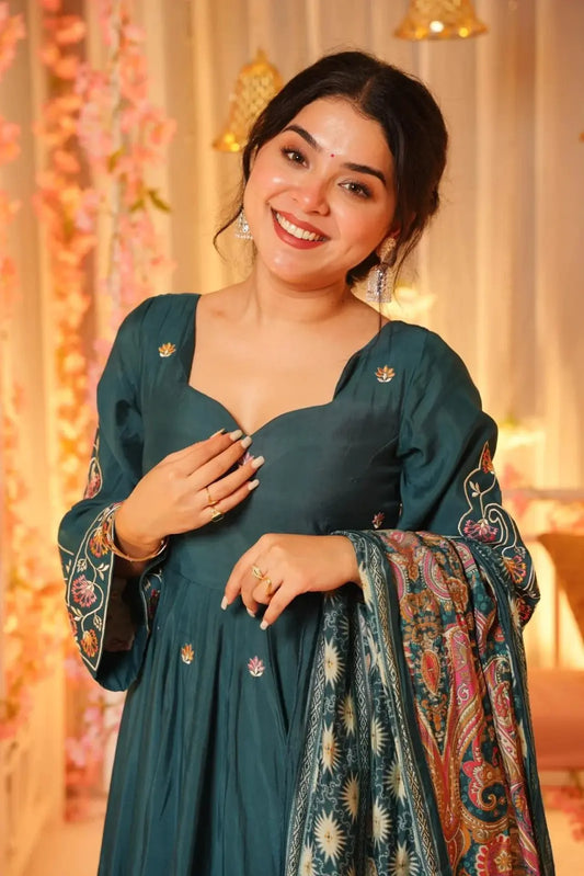 Women's Beautiful Chanderi Fabric Embroidery Work Flared Anarkali Sharara and Dupatta Set