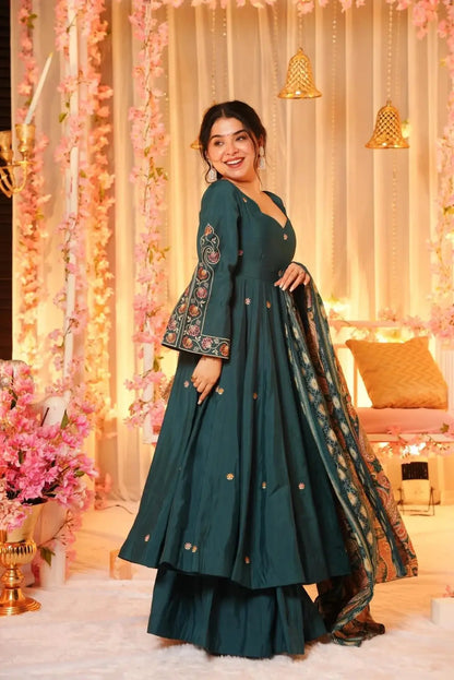 Women's Beautiful Chanderi Fabric Embroidery Work Flared Anarkali Sharara and Dupatta Set
