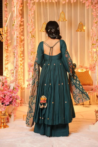 Women's Beautiful Chanderi Fabric Embroidery Work Flared Anarkali Sharara and Dupatta Set