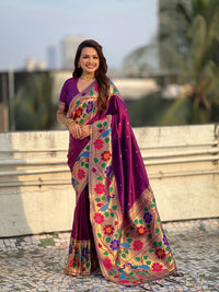 Wine Color Paithani Silk Fabric Woven Designer Partywear Saree