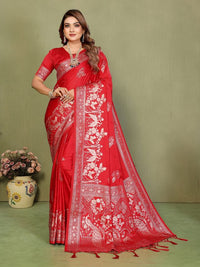 Red Color Satin Silk Fabric Woven Jari Designer Partywear Saree