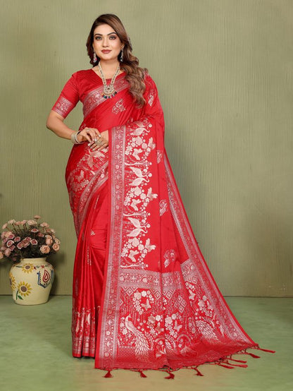 Red Color Satin Silk Fabric Woven Jari Designer Partywear Saree