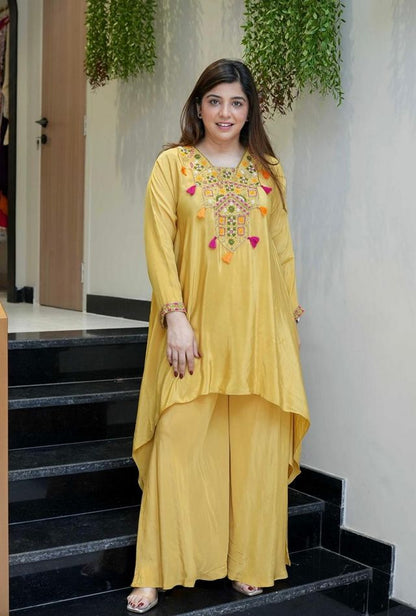 Yellow Color French Crepe Fabric Designer Ethnic Readymade Kurta Set