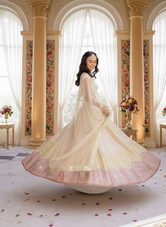 Turquoise Designer Lehenga with Dupatta – Indian Ethnic Wear HKV-003170 CREAM