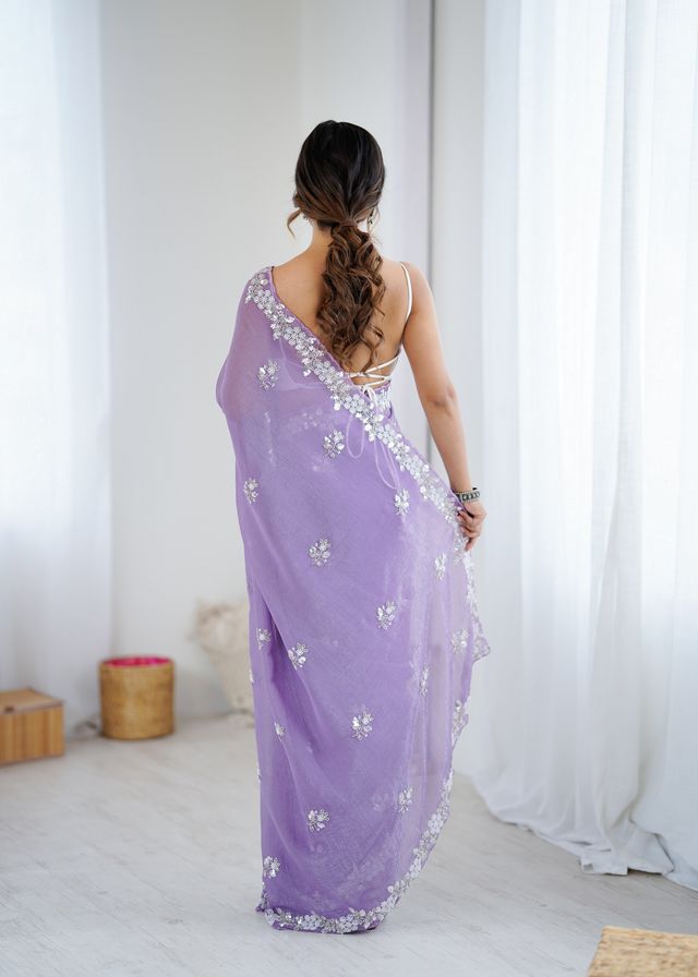 Lavender Color Chiffon Crush Fabric Heavy Designer Work Partywear Saree