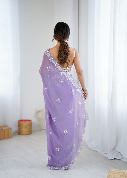 Lavender Color Chiffon Crush Fabric Heavy Designer Work Partywear Saree