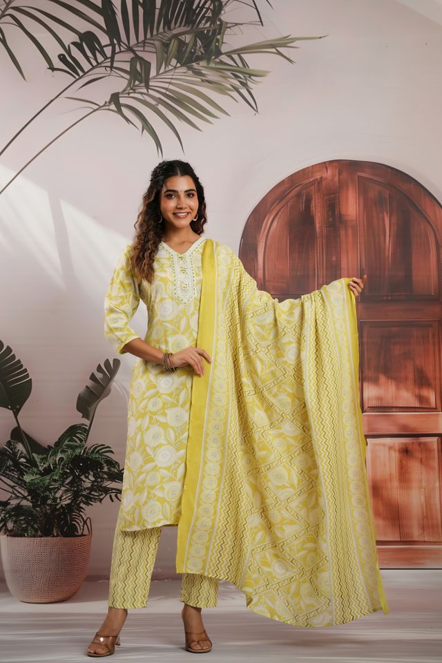 Lemon Color Cotton Fabric Stylish And Trendy Kurta Set For Ethnic Girls
