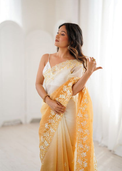 Yellow Color Crunchy Fabric Beautiful Sequins Work Bollywood Style Ceremonial Saree