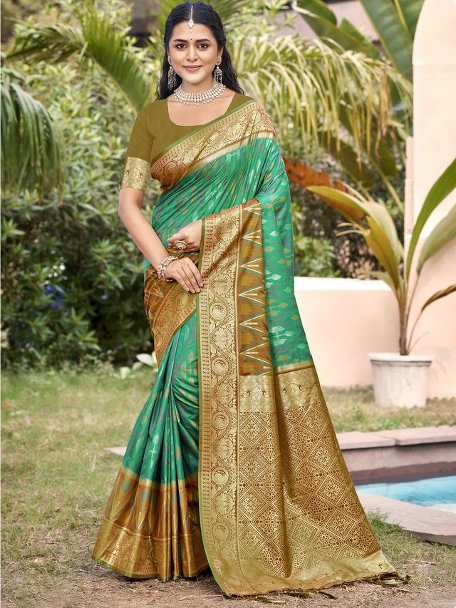 Rama Green Color Pochampalli Silk Fabric Woven designer Ethnic Partywear Saree