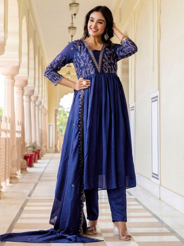 Blue Color Vichitra Silk Fabric Designer Embroidery Work Graceful Partywear Suit