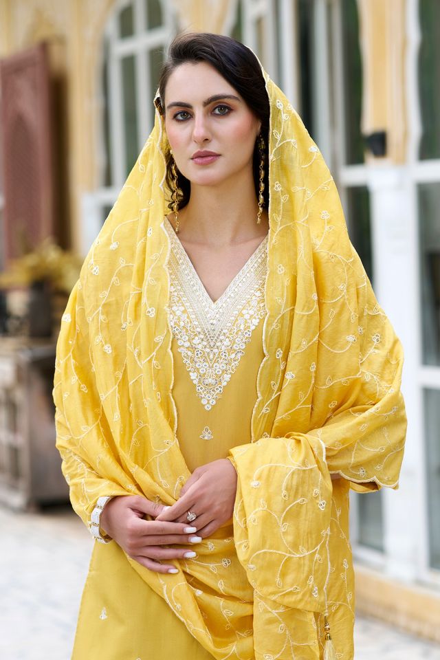 Yellow Color Silk Blend Fabric Smart Embroidered Girlie Trendy Salwar Suit
