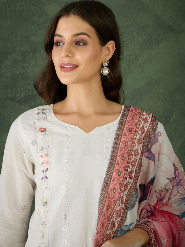 Off White Color Cotton Fabric Designer Embroidery Work Graceful Partywear Suit