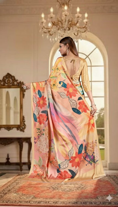 Peach Color Deisgner Printed Crepe Silk Saree for Ceremonial Presence