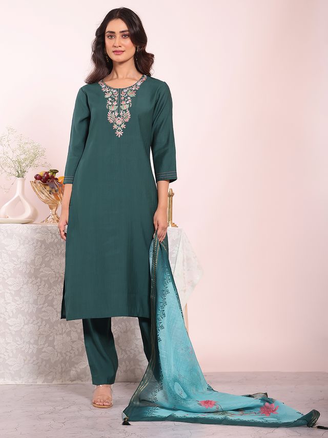 Teal Color Poly Silk Fabric Smart Ethnic Partywear Kurta Set
