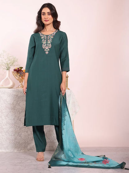 Teal Color Poly Silk Fabric Smart Ethnic Partywear Kurta Set
