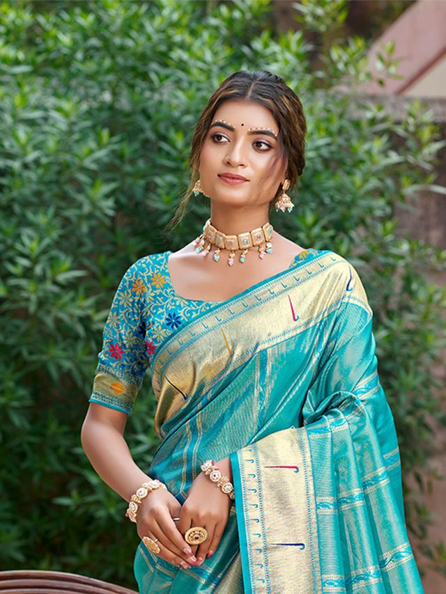 Woven Meenakari Designer Sea Green Color Ethnic Partywear Saree