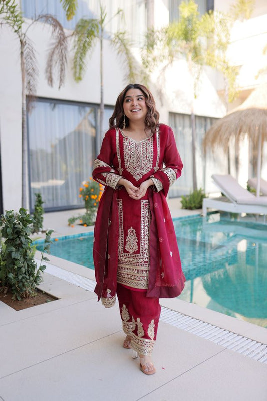 Maroon Color Beautiful Sequins Embroidered Ethnic Ceremonial Attire