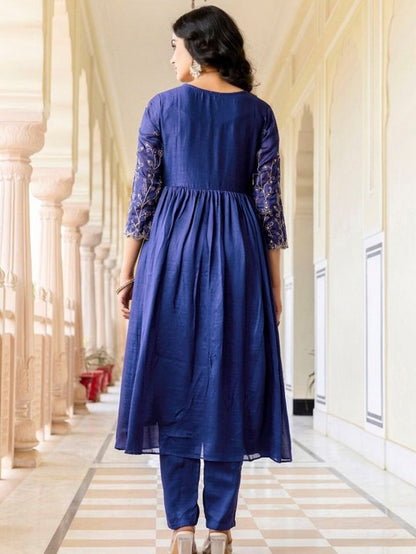 Blue Color Vichitra Silk Fabric Designer Embroidery Work Graceful Partywear Suit
