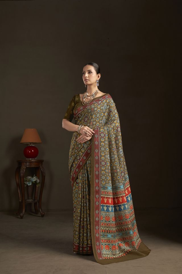 Mahendi Color Stylish Digital Printed Silk Crepe Fabric Saree For Trendy Looks