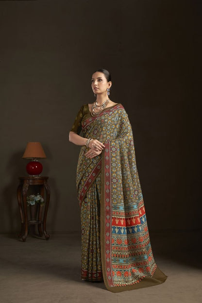 Mahendi Color Stylish Digital Printed Silk Crepe Fabric Saree For Trendy Looks