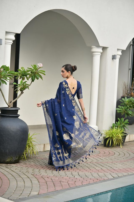 Blue Color Jute Linen Silk Fabric Beautiful Graceful Saree