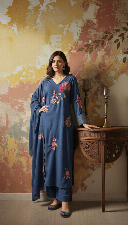 Blue Color Chanderi Fabric Designer Embroidered Readymade Suit