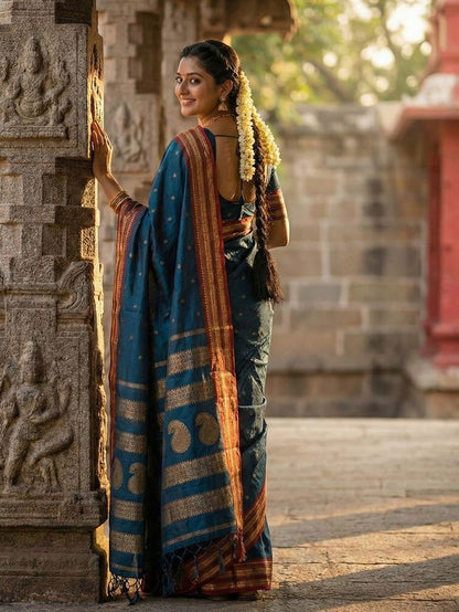 Teal Color Soft Silk Fabric Woven Jari Designer Ethnic Party Looks Saree