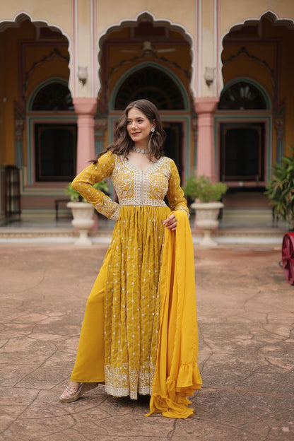 Yellow Color Faux Georgette Fabric Beautiful Ceremonial Suit With Dupatta