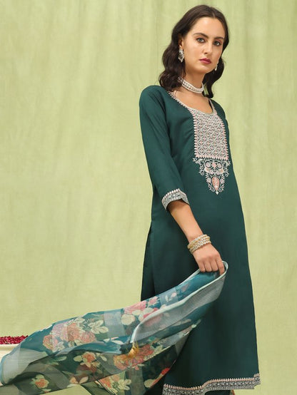 Green Color Viscose Roman Silk Fabric Designer Embroidery Work Sophisticated Girlie Salwar Kameez