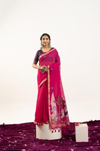 Pink Color Muga Cotton Fabric Rajwadi Weaving Designer Ethnic Classic Saree