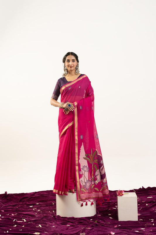 Pink Color Muga Cotton Fabric Rajwadi Weaving Designer Ethnic Classic Saree