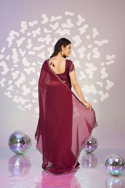 Wine Color Ethnic Embroidered Moss Chiffon Fabric Girlie Partywear Saree