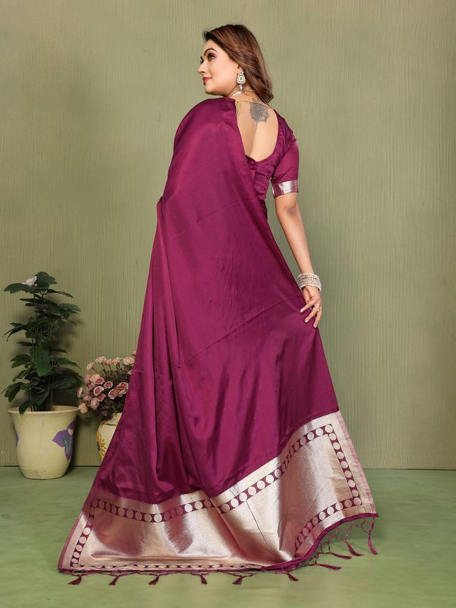 Purple Color Satin Silk Fabric Ethnic Woven Lagdi Pallu Designer Saree