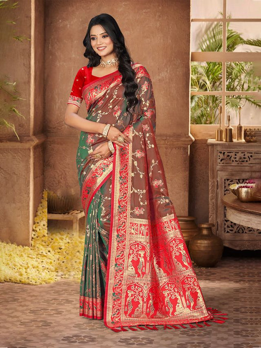 Green Color Silk Fabric Woven Designer Ethnic Partywear Saree