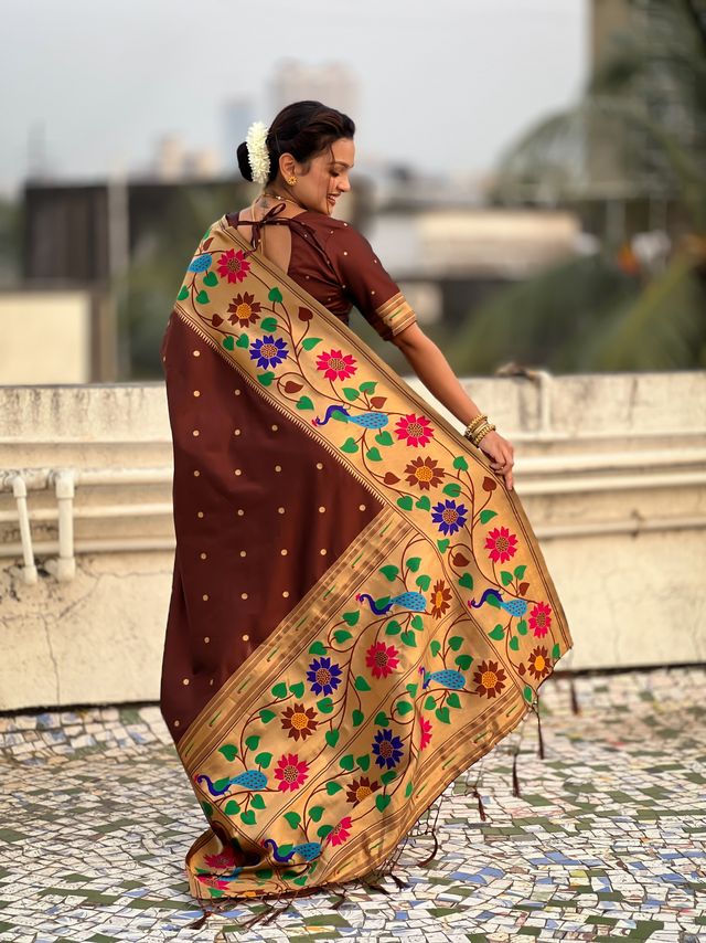 Coffee Color Paithani Silk Fabric Woven Designer Partywear Saree