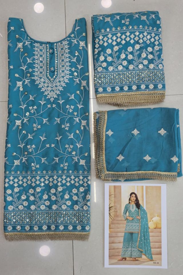 Aqua Blue Georgette All Over Cotton Thread & Sequins Work Palazzo Sets Size upto 44