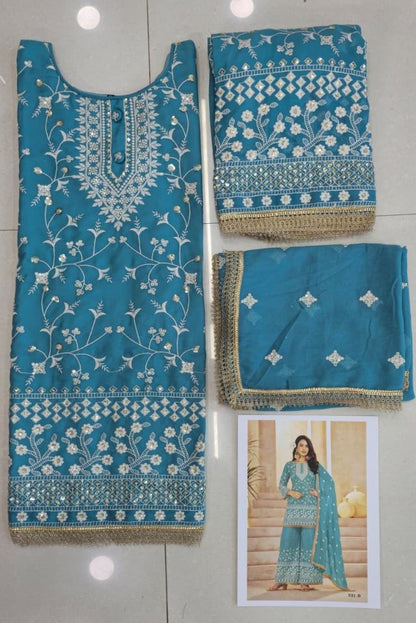 Aqua Blue Georgette All Over Cotton Thread & Sequins Work Palazzo Sets Size upto 44