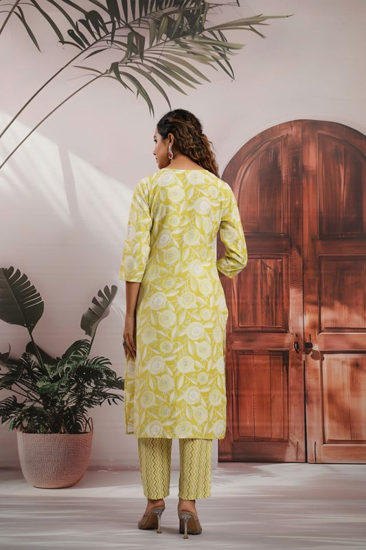 Lemon Color Cotton Fabric Stylish And Trendy Kurta Set For Ethnic Girls