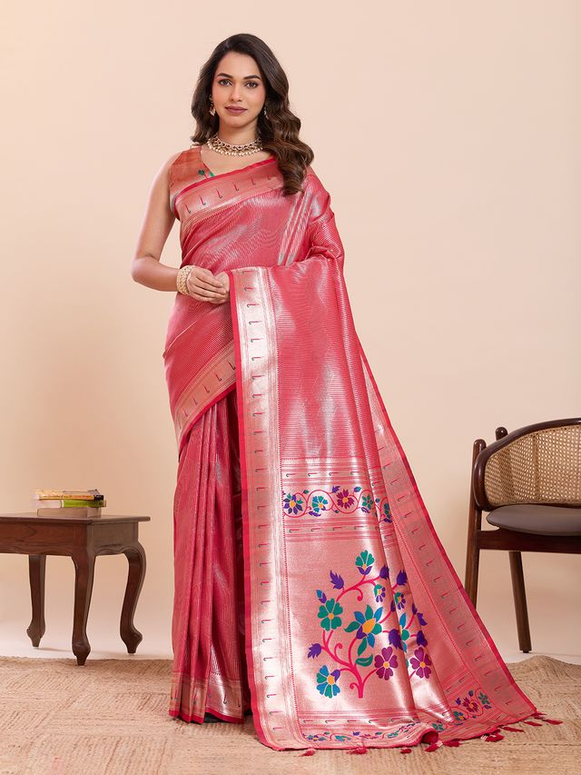 Pink Color Beautiful Soft Silk Fabric Woven Designer Saree